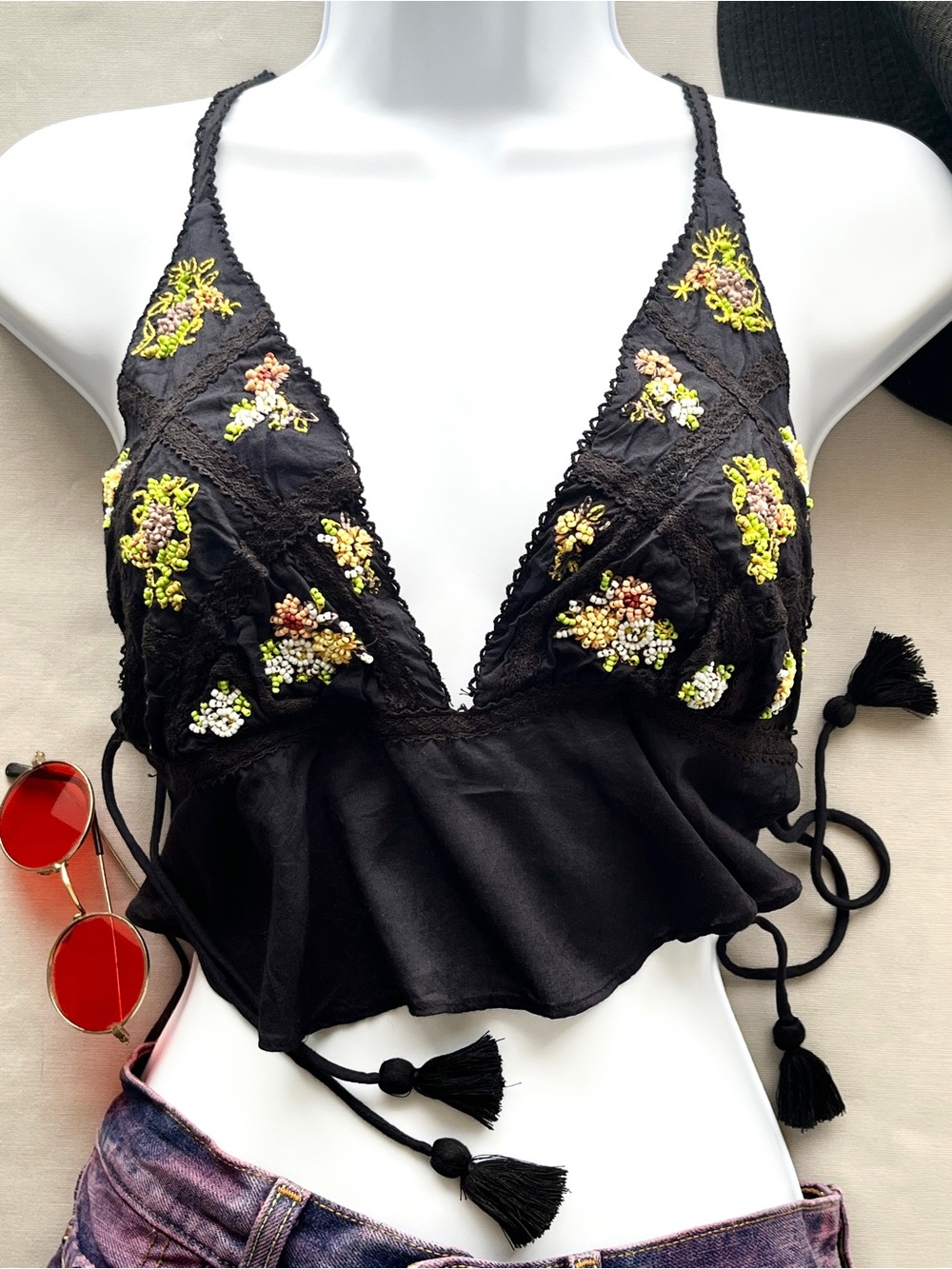 NWT Free People Intimately Beaded Halter Cropped Top Black S Ruffle Festival